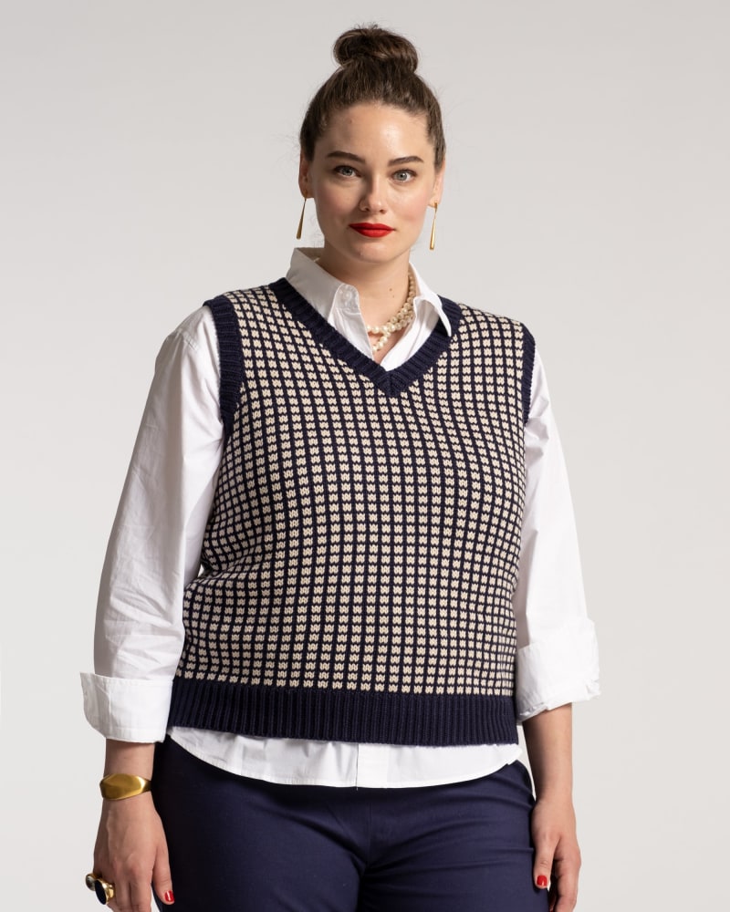 Front of a model wearing a size L Archie Vest Navy Natural in Navy Natural by Frances Valentine. | dia_product_style_image_id:237276